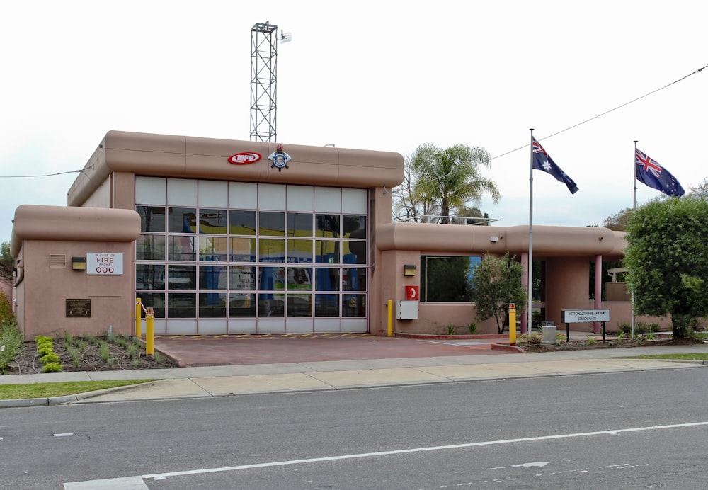 a building with flags on the outside of it