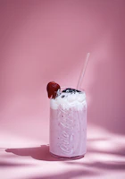 A creamy milkshake topped with whipped cream and a cherry, served in a tall glass.