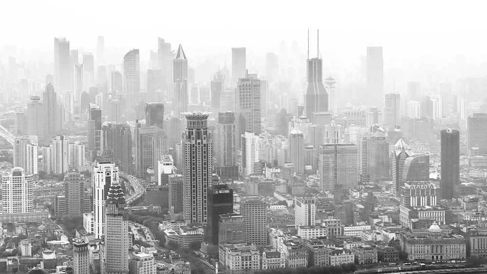 a black and white photo of a large city