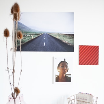 A minimalist display on a white wall featuring three images: a scenic road view with mountains and fields, a portrait of a person with sunlight on their face, and a red striped square. There's a tall vase with dried flowers and a wire basket at the bottom.