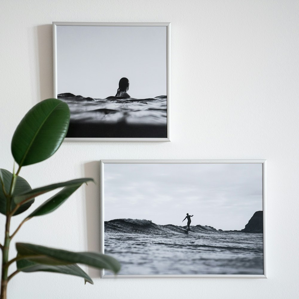 two pictures of a person surfing in the ocean