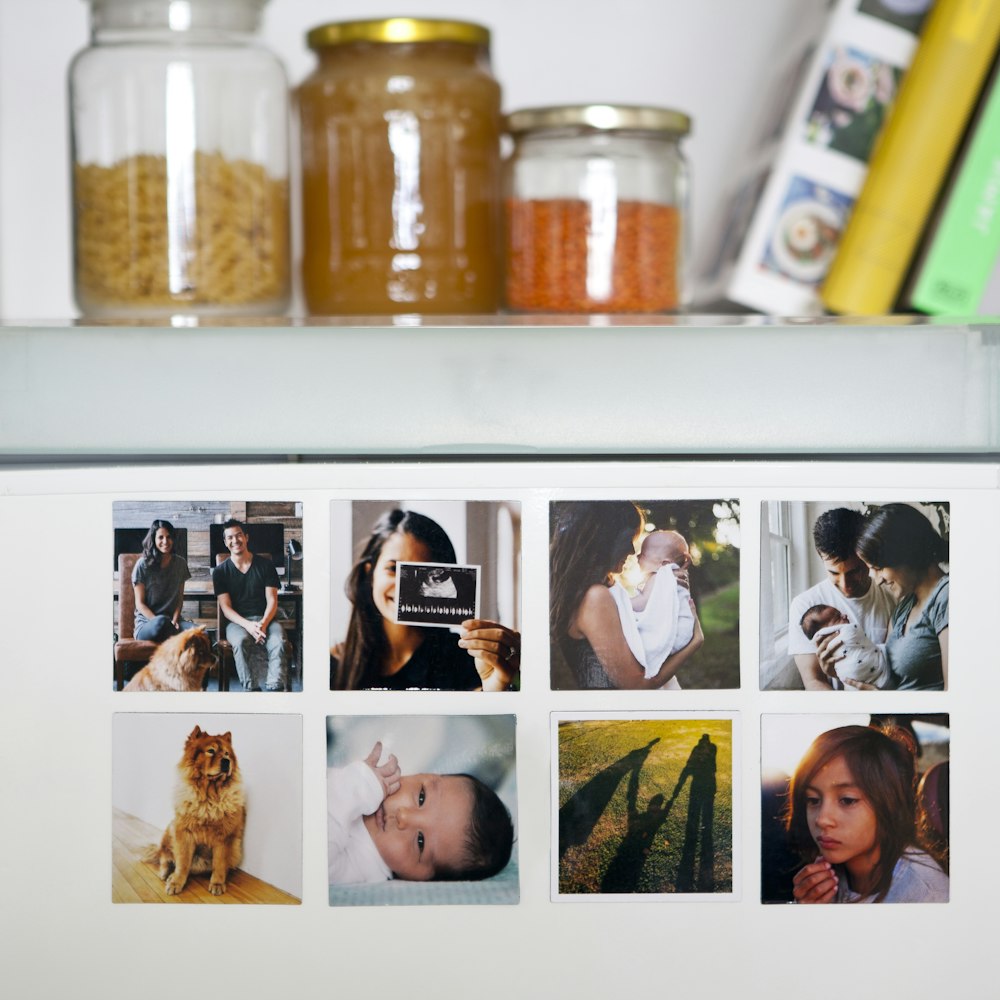 a refrigerator with pictures of people and animals on it