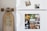 A white refrigerator decorated with multiple animal-themed photographs. The top section features two smaller images of a dog in a forest and a tabby cat. The lower section displays a collage of several animals including ducklings, a rabbit, geese, turkeys, cows, pigs, a goat, a chicken, and a horse. To the left of the fridge, a longboard with stylized text is leaning against the wall.
