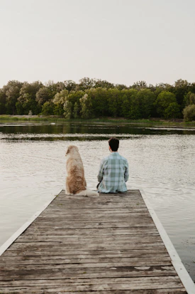 a person sitting on a dock with a dog