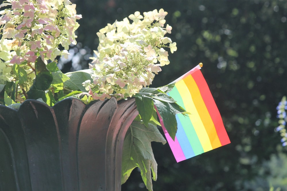 a rainbow flag sticking out of a flower pot