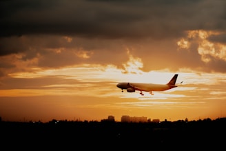 An airplane soaring above clouds during sunset, highlighting travel excitement.