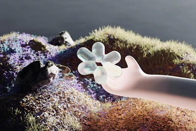 Futuristic illustration of a robotic hand holding a blooming flower.