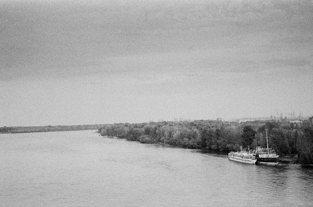 a boat traveling down a river next to a forest