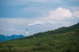 A tall smokestack with blue and white stripes releases smoke into a partly cloudy sky. It is surrounded by a lush green forest, with mountains visible in the background.