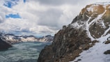 Panoramic view of a frozen lake nestled among rugged peaks