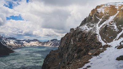 Panoramic view of a frozen lake nestled among rugged peaks