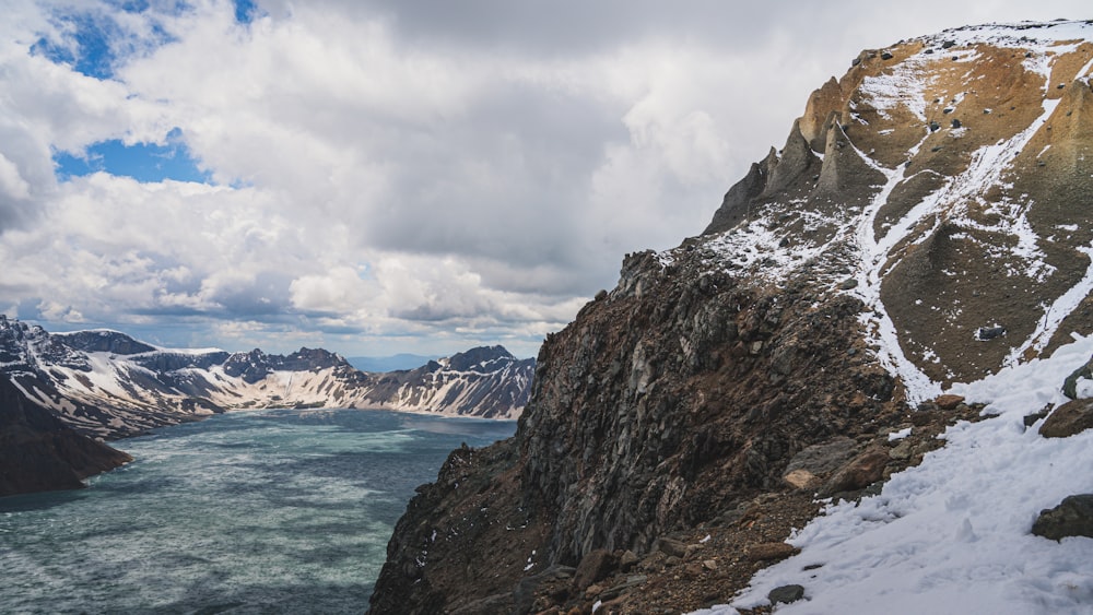 a snow covered mountain with a body of water below