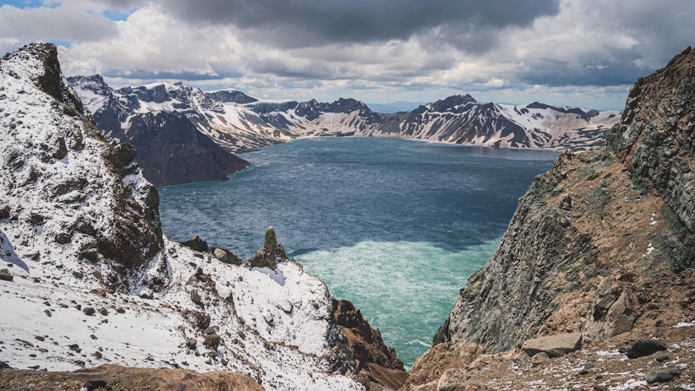 a view of a lake surrounded by snow covered mountains