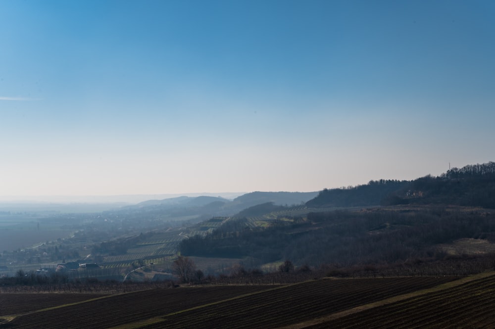 a view of a valley with a hill in the background