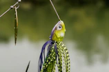 Close-up of a hand-painted fishing lure with vibrant colors and intricate details.