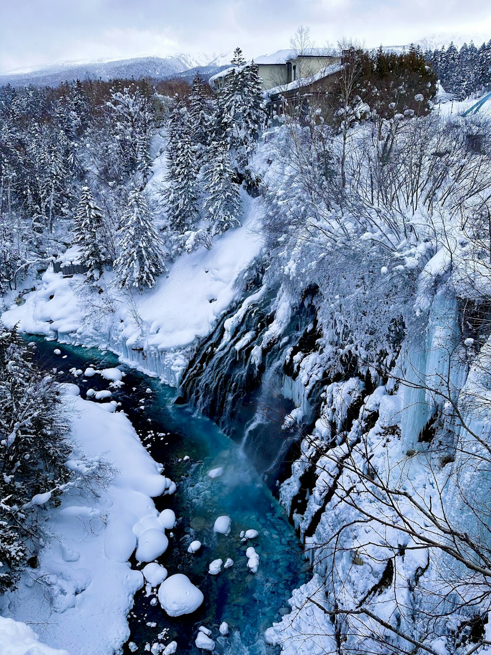 a river running through a snow covered forest