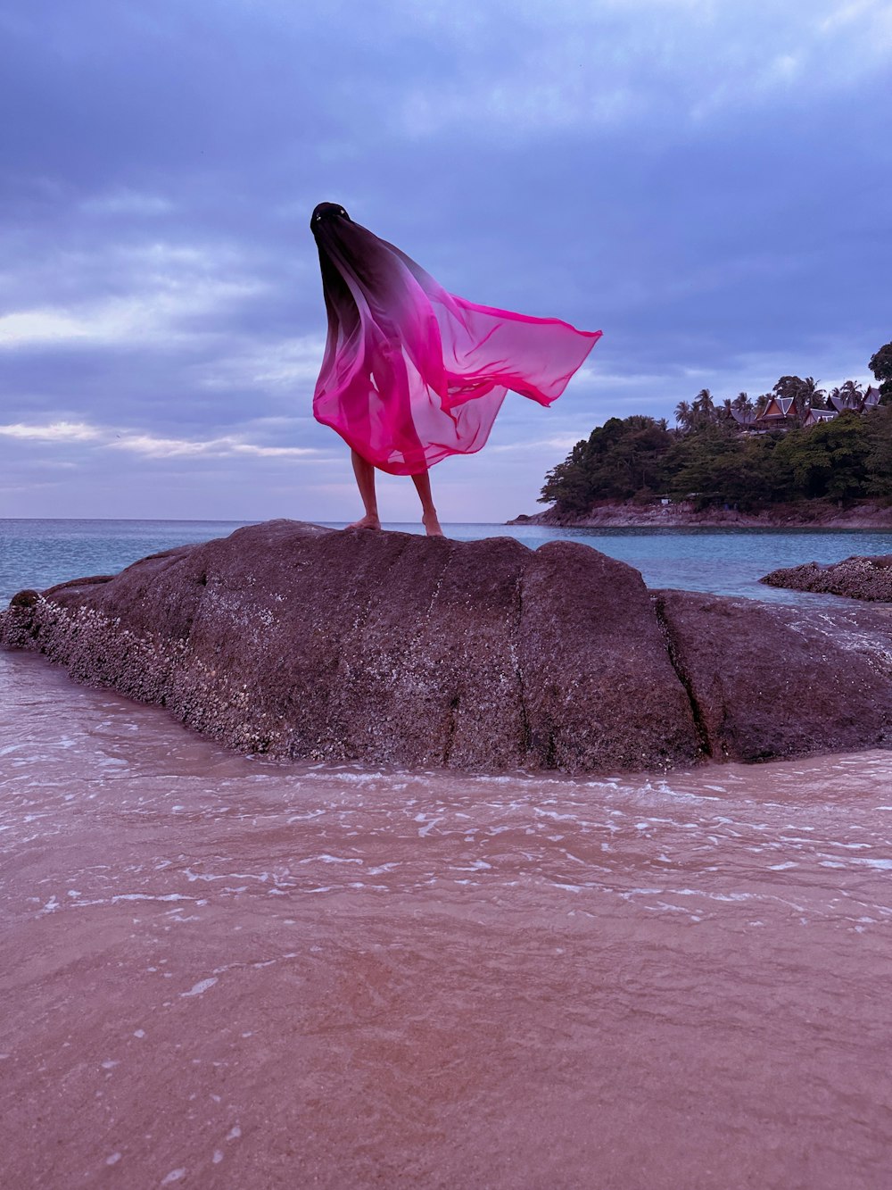 a woman in a pink dress standing on a rock at the beach