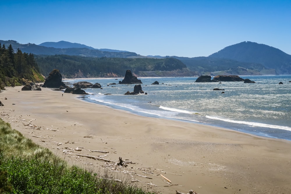 a sandy beach with mountains in the background