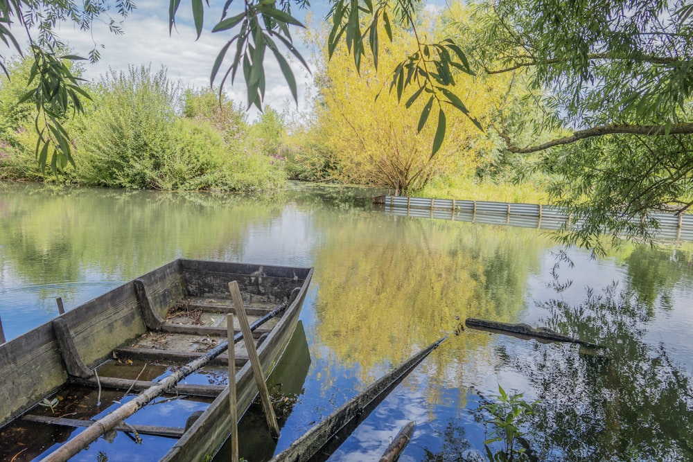 a boat sitting on top of a river next to a forest