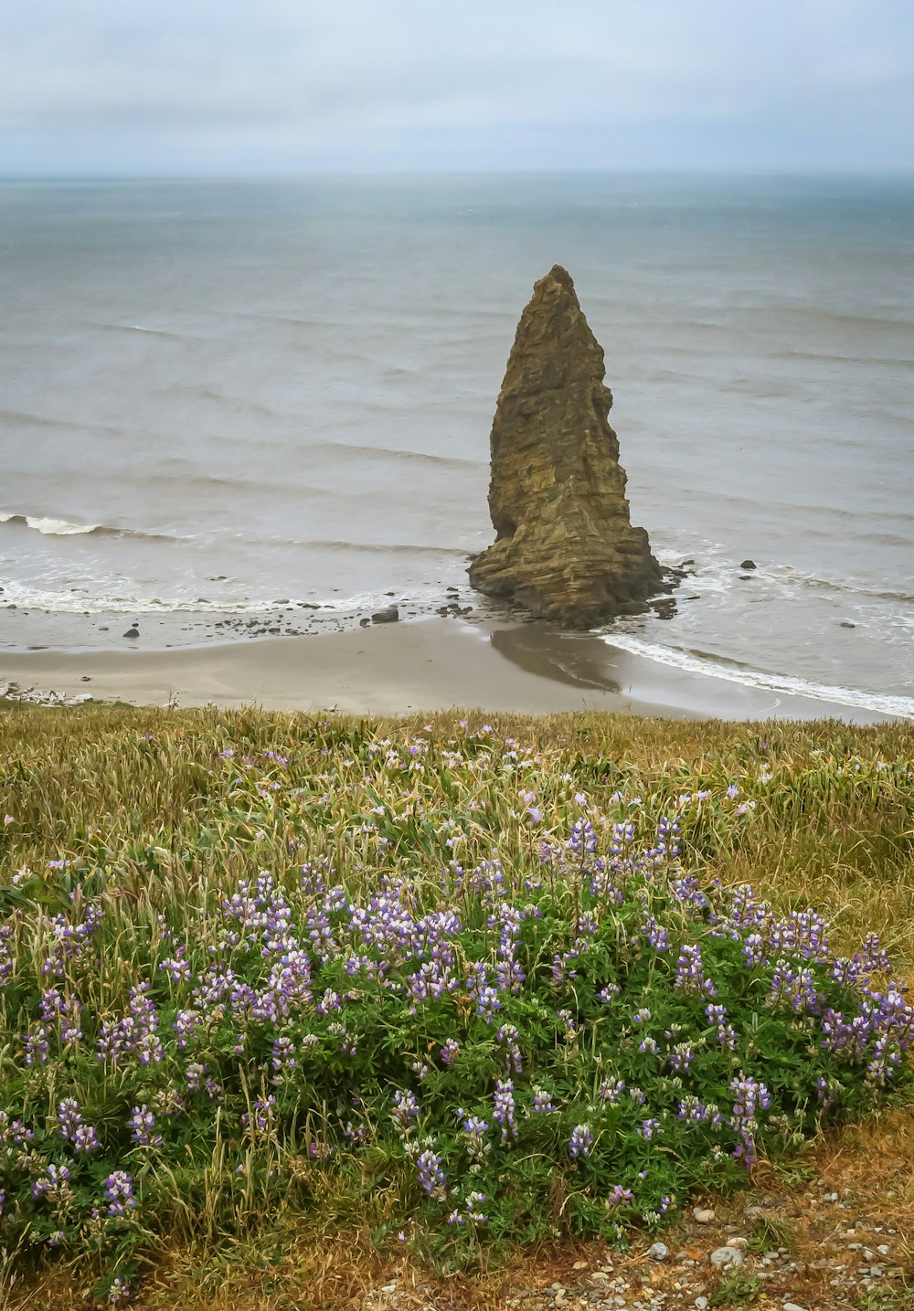 a large rock sticking out of the ocean next to a beach