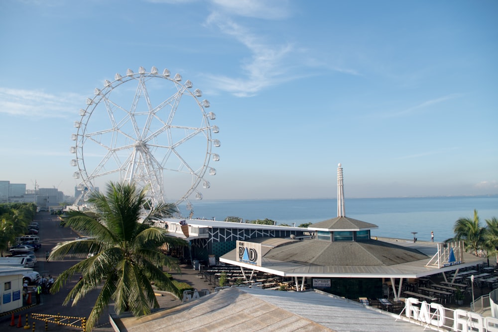 a ferris wheel sitting on top of a pier next to the ocean