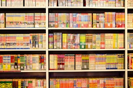 A bookshelf filled with numerous manga volumes organized neatly in rows. Each book is vividly colored, featuring different styles of artwork typical of Japanese manga. The spines display a variety of titles, characters, and symbols, creating a lively and engaging visual experience.