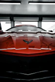 Close-up of a freshly painted red sports car hood gleaming under shop lights.