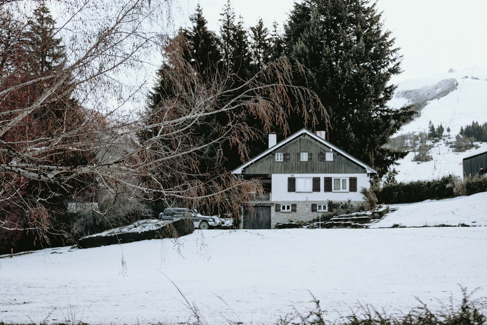 a house in the middle of a snowy field
