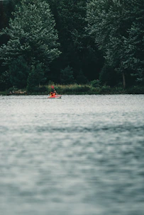 A kayaker paddling gently along a calm river surrounded by tropical trees.