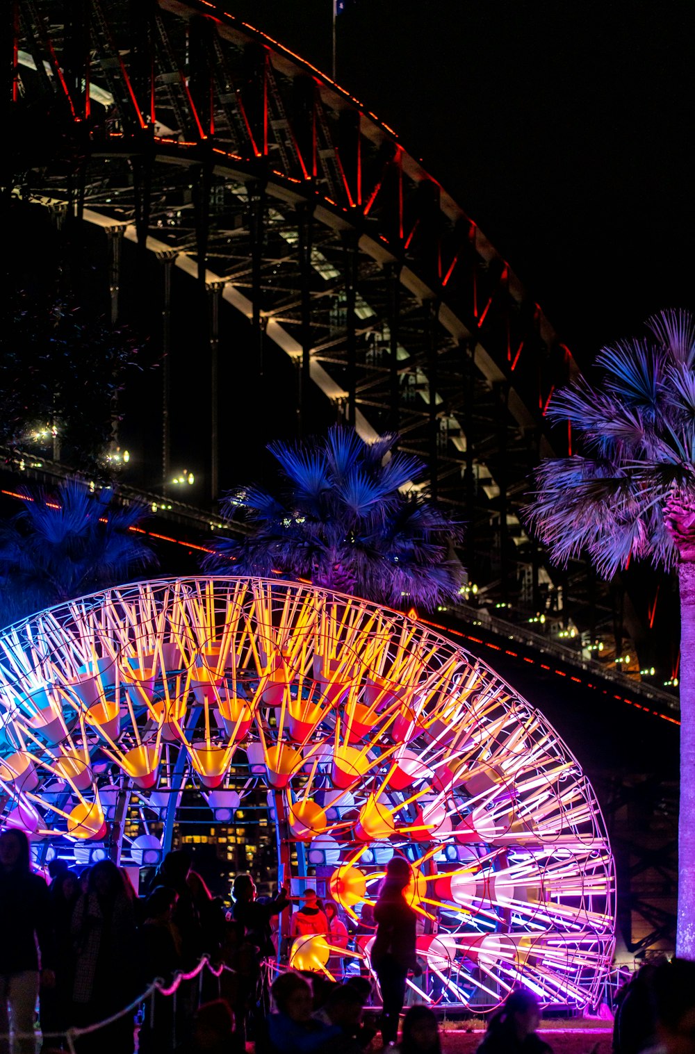 a large ferris wheel lit up at night