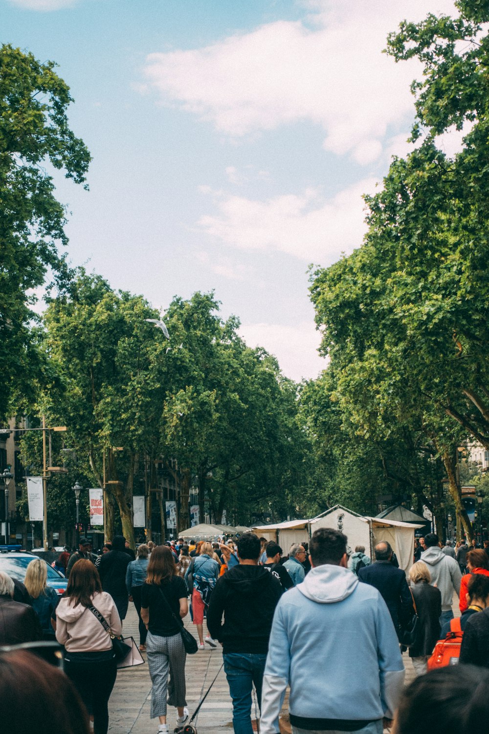 a crowd of people walking down a sidewalk