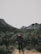 A lone hiker stands on a dirt path surrounded by lush green vegetation, with a mountainous landscape in the distance. The hiker is wearing a backpack and outdoor gear, appearing ready for an adventure.