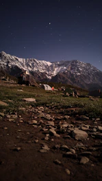 A lively Himalayan mountain scene with young travelers around a glowing bonfire under starry skies.