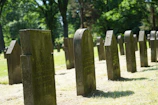 A neat row of restored gravestones shining under soft sunlight.