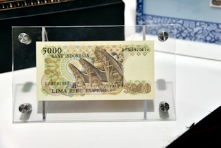 An Indonesian banknote of 5000 Rupiah displayed in a transparent protective case. The note features intricate designs and text, including 'BANK INDONESIA' and 'LIMA RIBU RUPIAH'. There is a detailed illustration of traditional Indonesian architecture on the note.