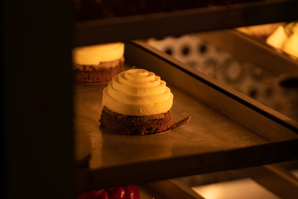 a dessert sitting on top of a metal tray