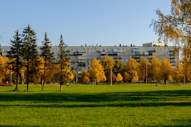 A large residential apartment building serves as the backdrop of an urban park, showcasing a line of trees with golden yellow and green foliage, highlighting the seasonal transition to autumn. The park features a broad expanse of grass in the foreground and a clear blue sky above.