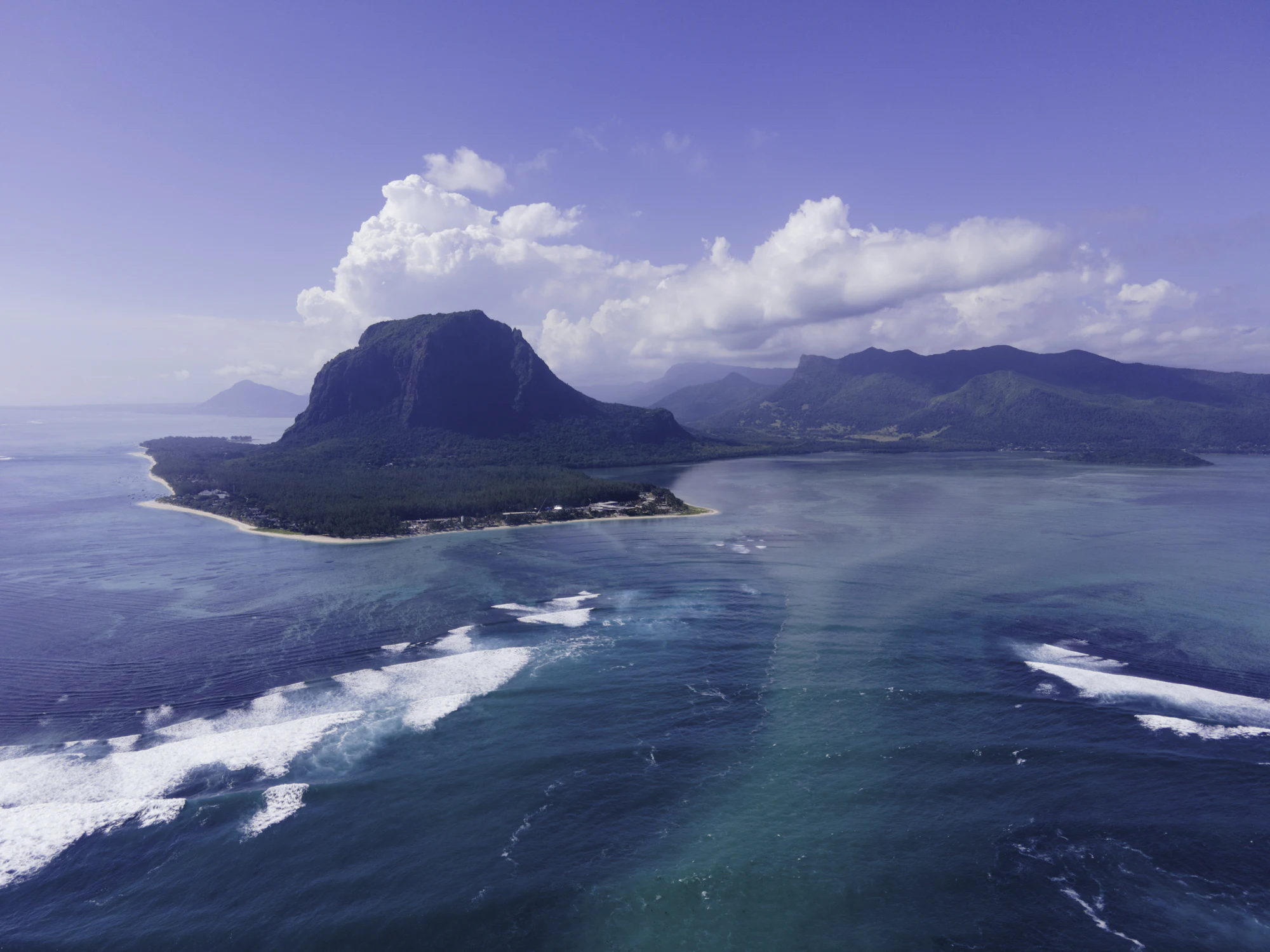 Aerial view of Le Morne peninsula and blue lagoon, Mauritius
