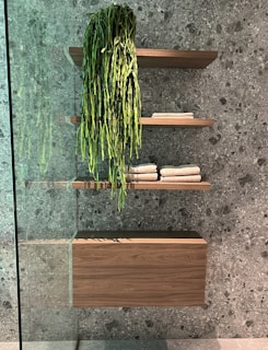 A modern bathroom interior featuring three wooden floating shelves mounted on a speckled grey stone wall. The top shelf holds a cascading green plant, while the middle and bottom shelves have neatly folded beige towels. A wooden cabinet is situated beneath the bottom shelf, with a glass panel visible on the left side.