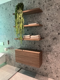A modern bathroom interior with a speckled gray stone wall and a floating wooden cabinet. Three wooden shelves are mounted on the wall, two of them holding neatly folded towels and the top shelf featuring a cascading green plant. A toilet paper holder is attached to the wall, and a portion of a toilet is visible in the corner.