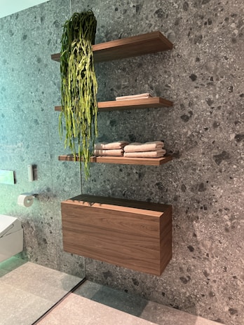 A modern bathroom interior with a speckled gray stone wall and a floating wooden cabinet. Three wooden shelves are mounted on the wall, two of them holding neatly folded towels and the top shelf featuring a cascading green plant. A toilet paper holder is attached to the wall, and a portion of a toilet is visible in the corner.
