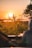 A peaceful sunset over a lush forest landscape with silhouetted trees and foliage. The sun is low in the sky, casting a warm golden glow across the scene. A blurry figure sits in the foreground, possibly at a wooden table or bench, enjoying the view.