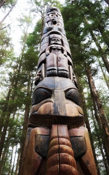 A tall, intricately carved totem pole standing amidst a dense forest of tall trees. The totem pole features various animal and human figures, with distinct facial features and body posture, meticulously carved into the wood. The trees in the background are lush and densely packed, adding a natural, serene atmosphere.