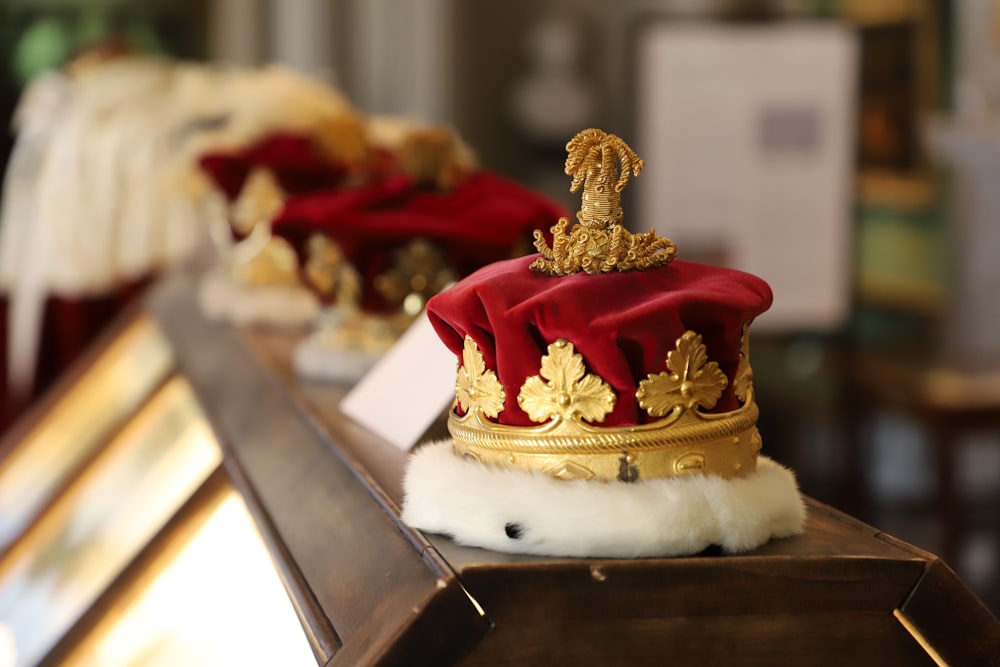 a crown sitting on top of a wooden table