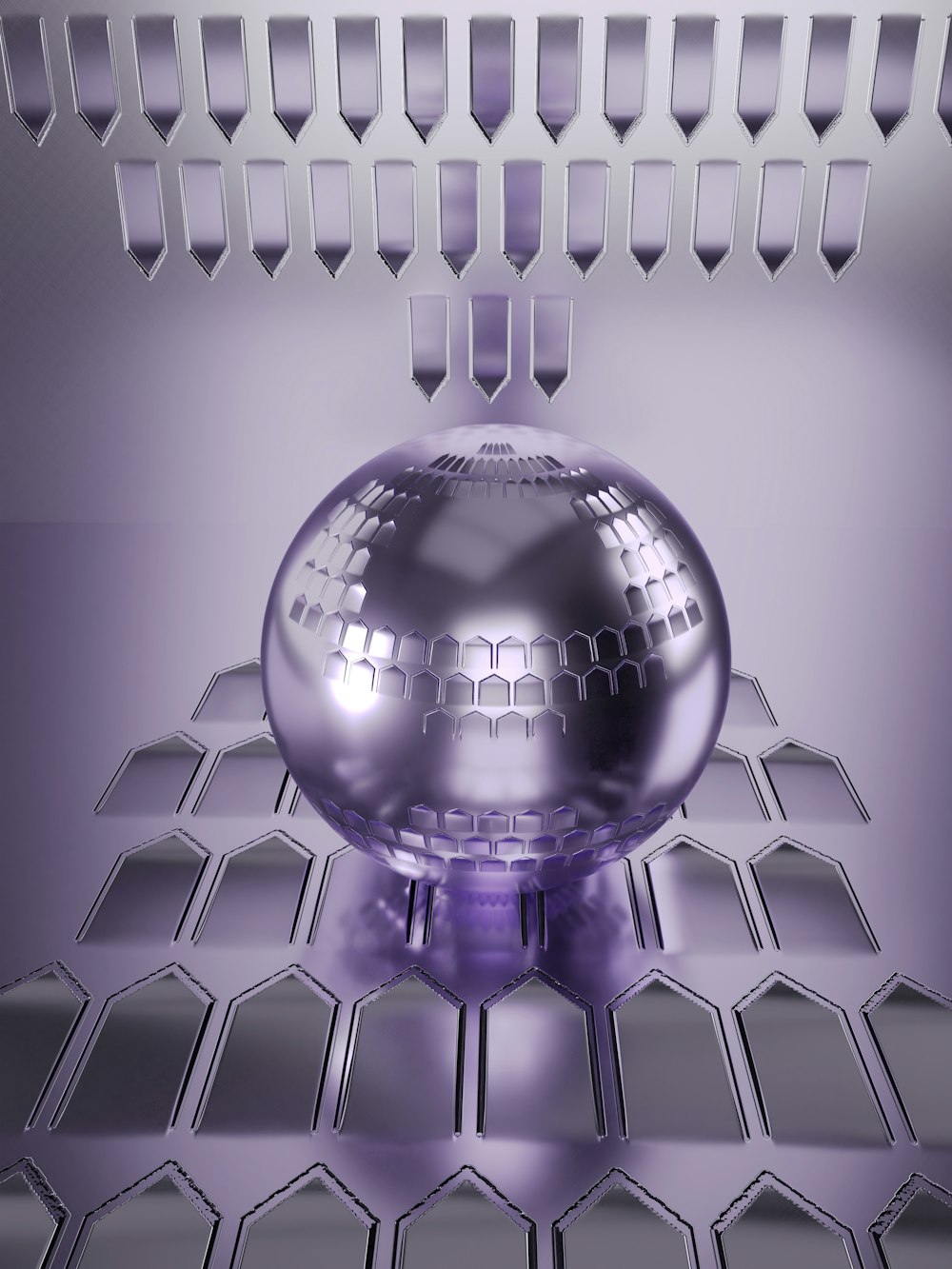 a shiny metallic object is in the middle of a purple background