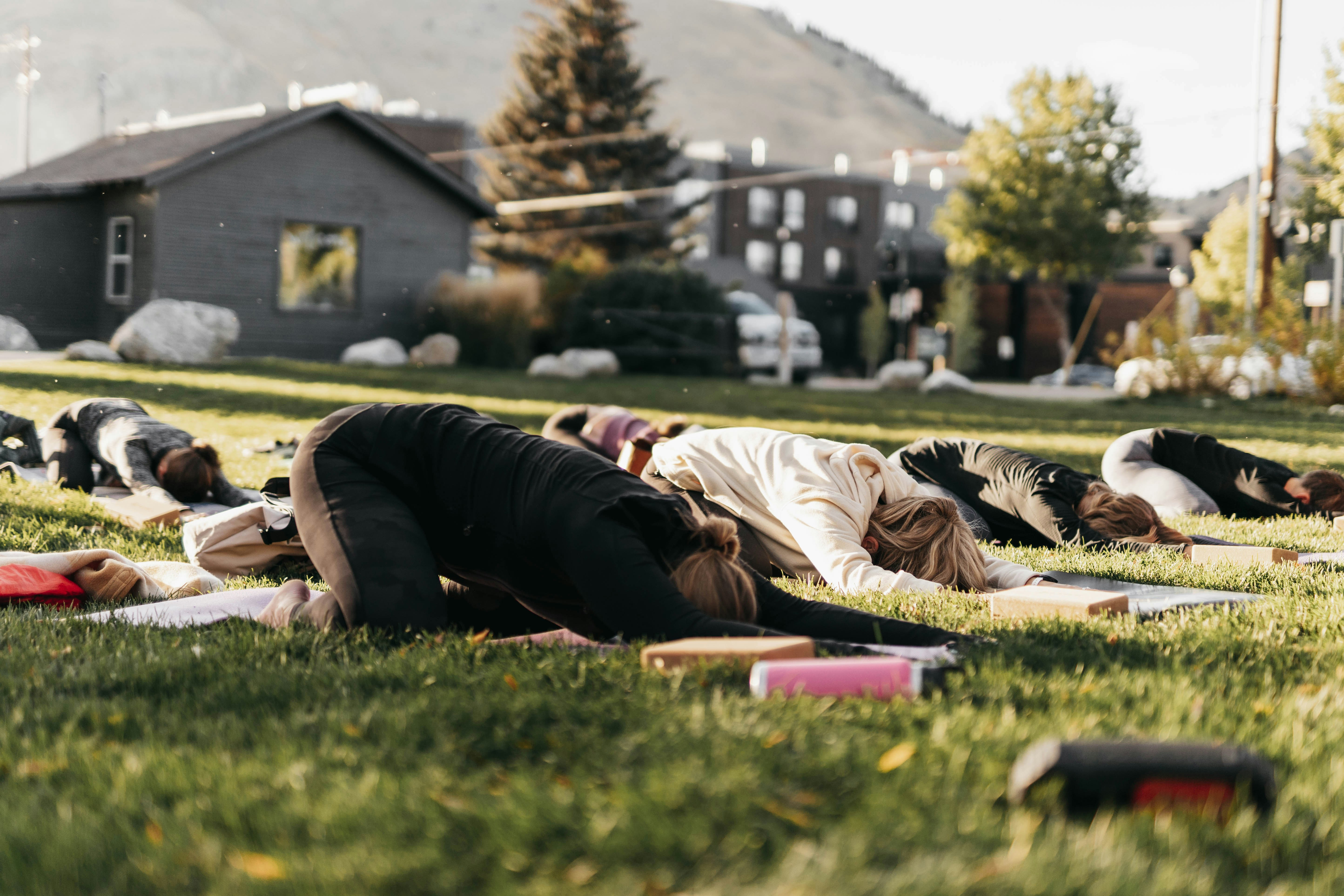 a group of people laying on top of a lush green field