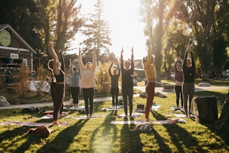 A group of people practicing yoga outdoors in a park setting, with their arms raised upwards. The scene is lit by a warm, golden sunlight filtering through tall trees, creating long shadows on the grass. A building, possibly a café or small shop, is visible in the background.