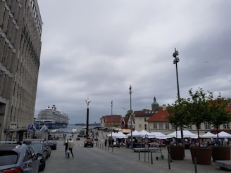 A large cruise ship is docked at a port near a street lined with buildings and market stalls. People are walking around, and several cars are parked along the street. The sky is overcast, and there are pigeons visible in the sky. Trees and lamp posts are also present along the street.