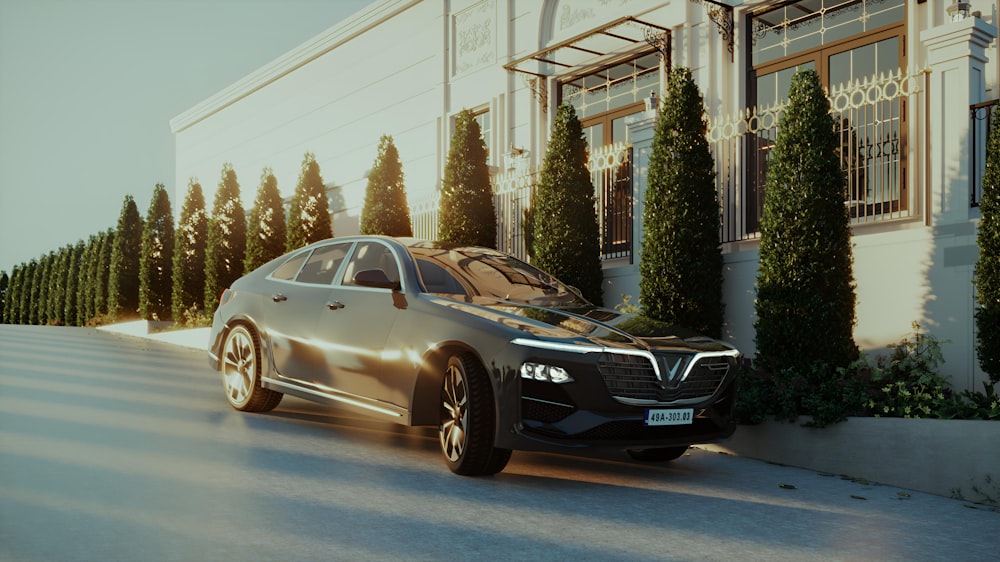 a silver car is parked in front of a building