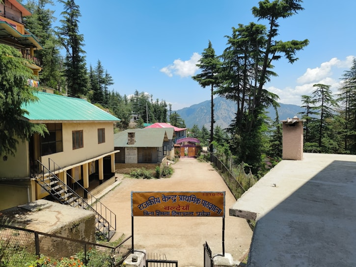 A rural school courtyard with a few buildings surrounded by tall pine trees and distant mountains under a clear blue sky. The main building has a beige facade with a green roof, accessed by a narrow staircase with black railings. A signboard in front is written in Hindi.